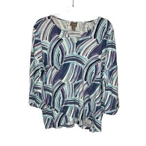 CHICOS Size 3 US XL Geometric Print‎ Cotton Knit Top 3/4 Length Roll Tab Sleeves